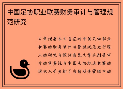 中国足协职业联赛财务审计与管理规范研究 中国足协职业联赛财务审计与管理规范研究