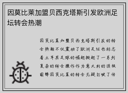 因莫比莱加盟贝西克塔斯引发欧洲足坛转会热潮